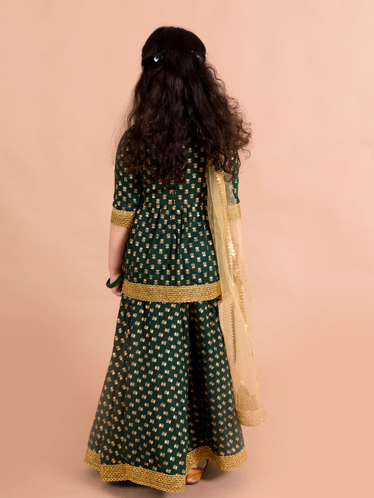 Girls Green & Gold-Toned Printed Ready to Wear Lehenga & Blouse With Dupatta (L-Greenbootifoil)