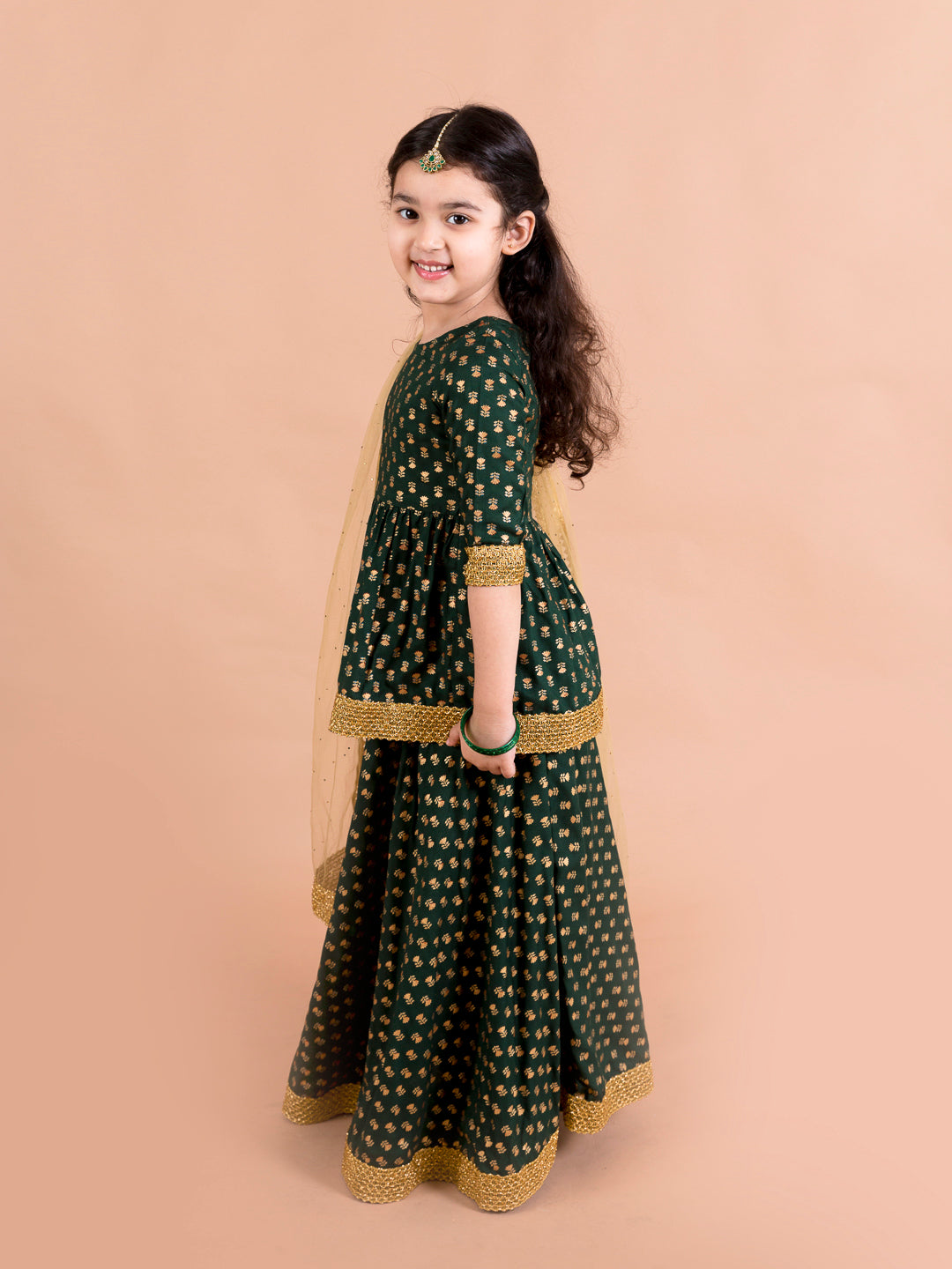 Girls Green & Gold-Toned Printed Ready to Wear Lehenga & Blouse With Dupatta (L-Greenbootifoil)