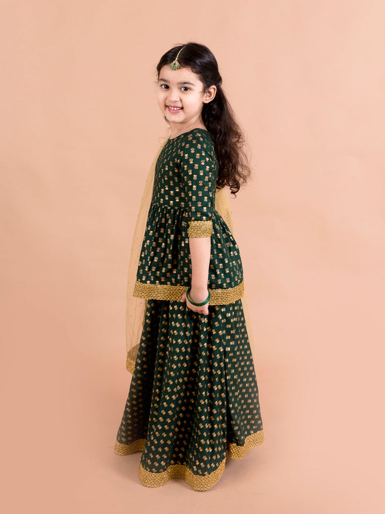 Girls Green & Gold-Toned Printed Ready to Wear Lehenga & Blouse With Dupatta (L-Greenbootifoil)