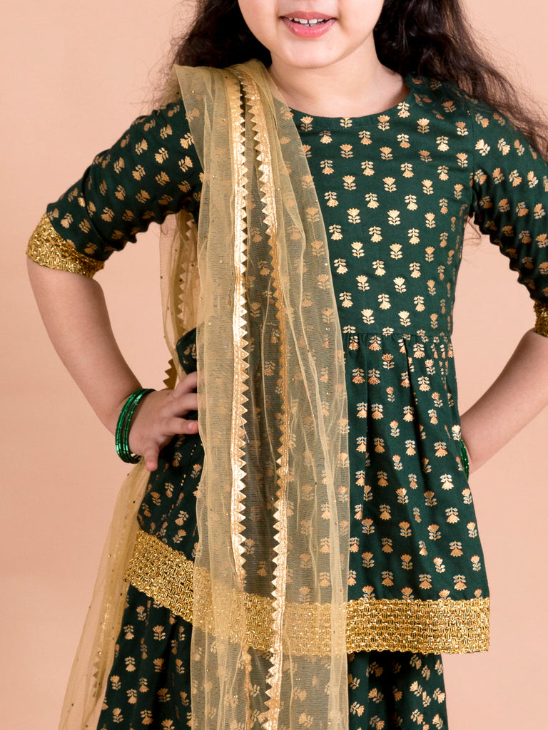 Girls Green & Gold-Toned Printed Ready to Wear Lehenga & Blouse With Dupatta (L-Greenbootifoil)