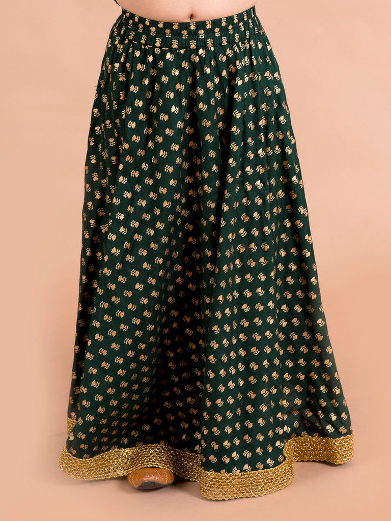 Girls Green & Gold-Toned Printed Ready to Wear Lehenga & Blouse With Dupatta (L-Greenbootifoil)