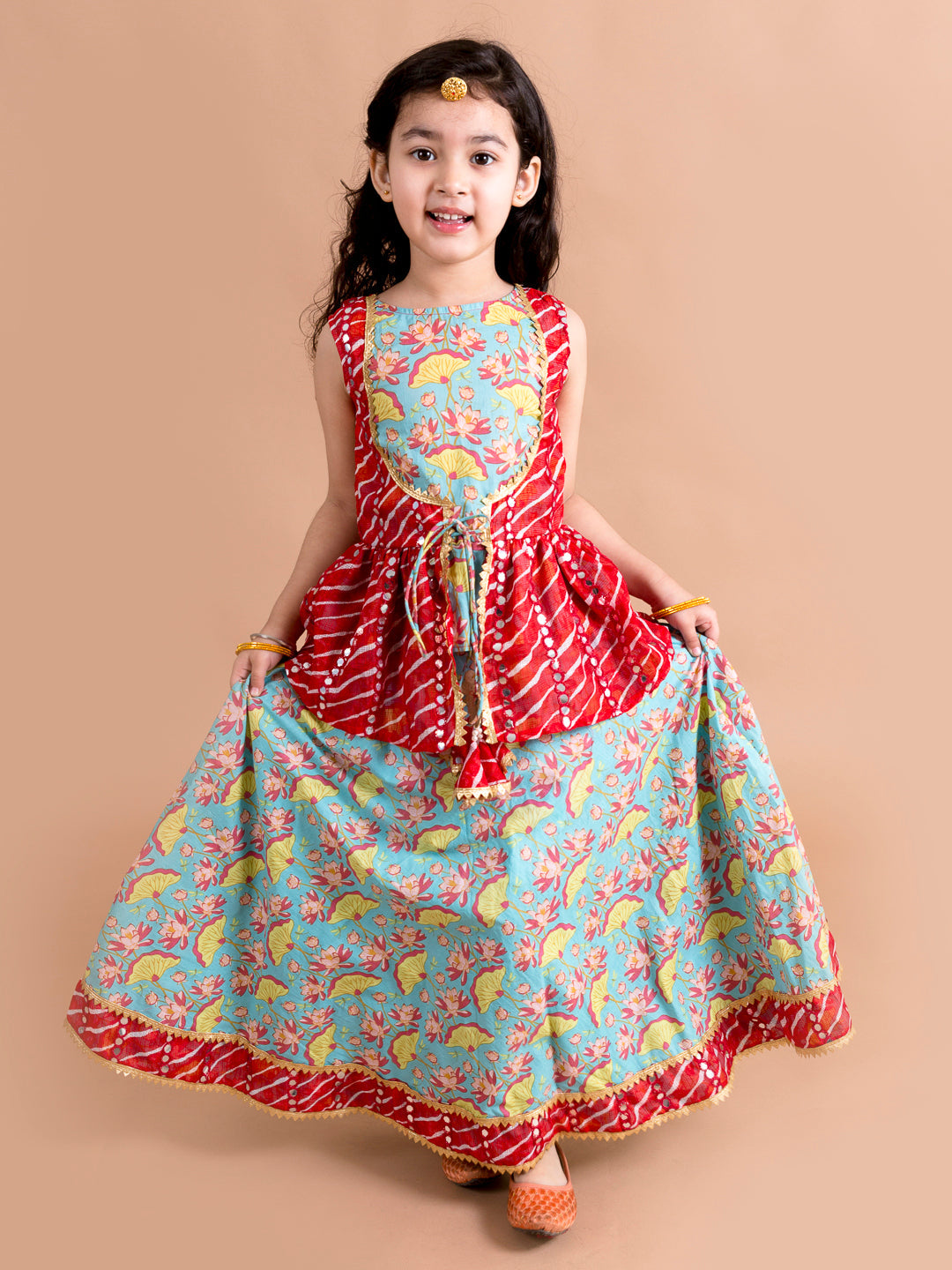 Girls Green & Pink Printed Ready to Wear Lehenga CholiGirls Green & Pink Printed Ready to Wear Lehenga Choli (L-Greenlotus)