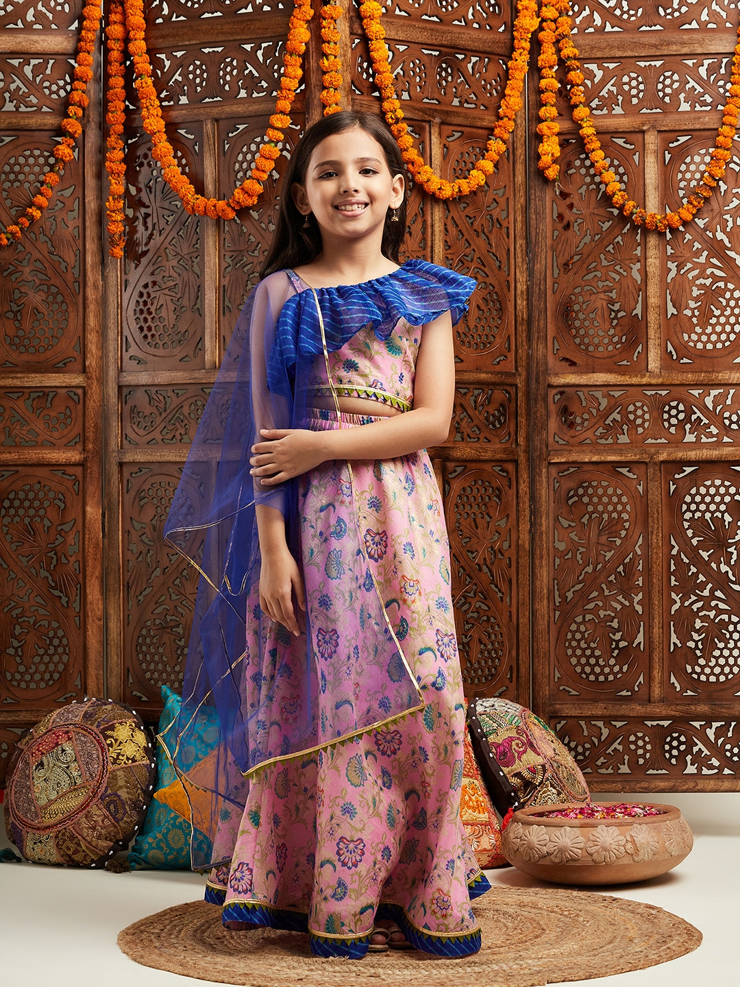 Pspeaches Girls Printed Ready to Wear Lehenga & Blouse With Dupatta (L-LTPURPLEFLORAL)