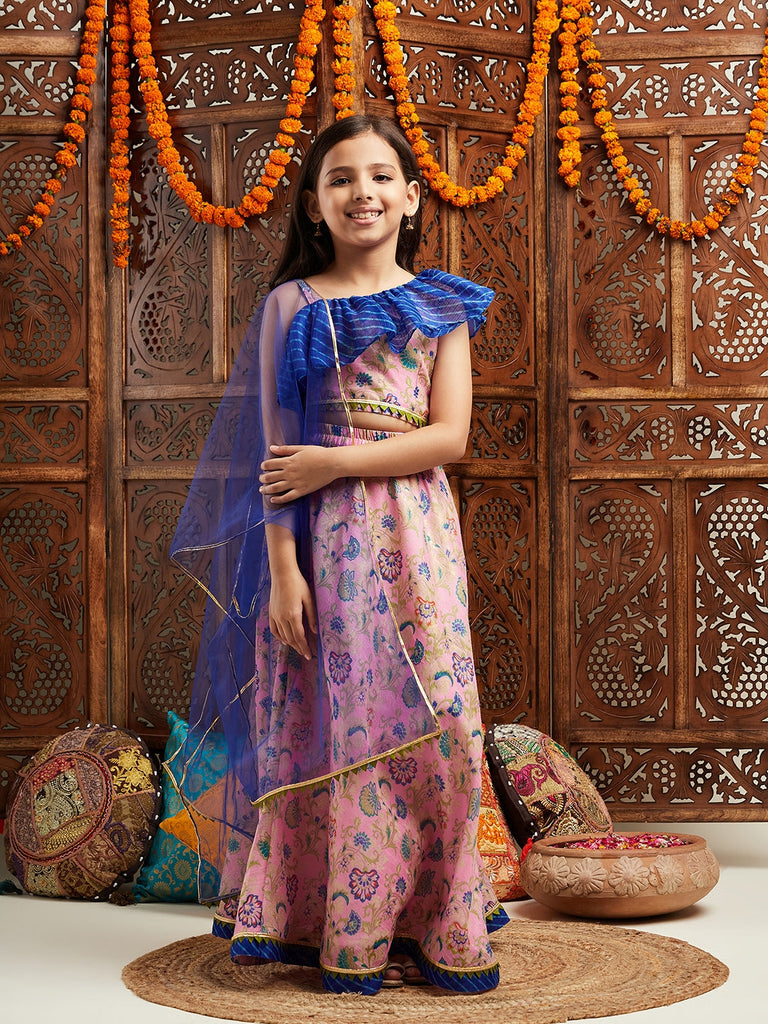 Pspeaches Girls Printed Ready to Wear Lehenga & Blouse With Dupatta (L-LTPURPLEFLORAL)
