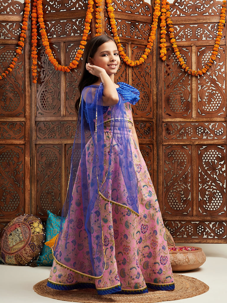 Pspeaches Girls Printed Ready to Wear Lehenga & Blouse With Dupatta (L-LTPURPLEFLORAL)