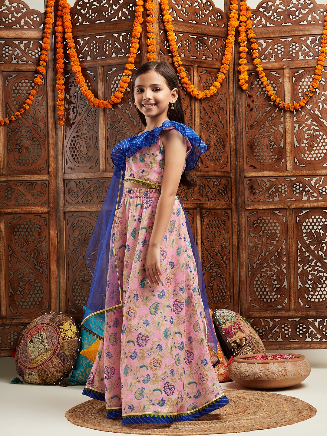 Pspeaches Girls Printed Ready to Wear Lehenga & Blouse With Dupatta (L-LTPURPLEFLORAL)