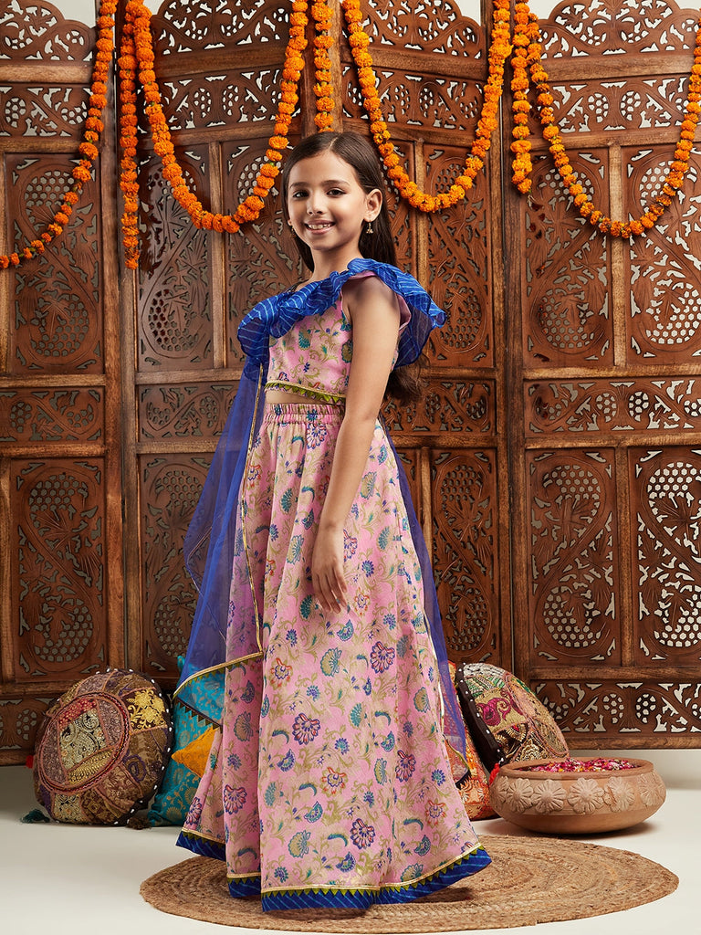Pspeaches Girls Printed Ready to Wear Lehenga & Blouse With Dupatta (L-LTPURPLEFLORAL)