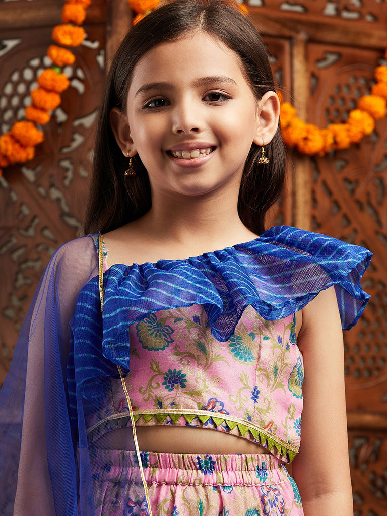 Pspeaches Girls Printed Ready to Wear Lehenga & Blouse With Dupatta (L-LTPURPLEFLORAL)