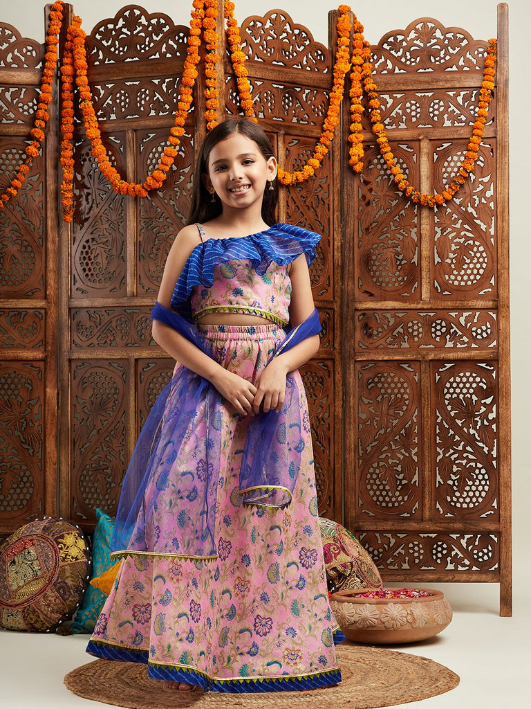 Pspeaches Girls Printed Ready to Wear Lehenga & Blouse With Dupatta (L-LTPURPLEFLORAL)