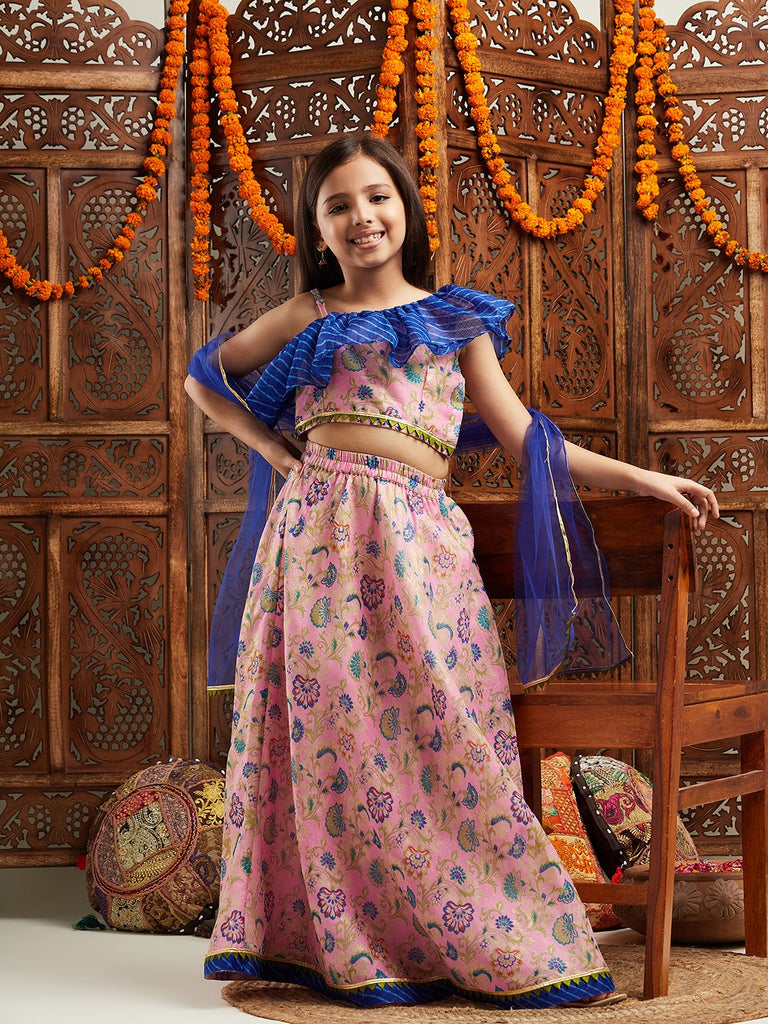 Pspeaches Girls Printed Ready to Wear Lehenga & Blouse With Dupatta (L-LTPURPLEFLORAL)