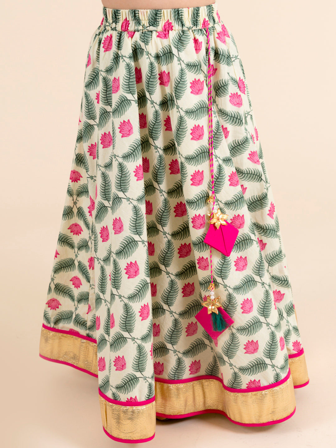 Girls Off White & Pink Printed Ready to Wear Lehenga & Blouse With Dupatta (L-Lotus)