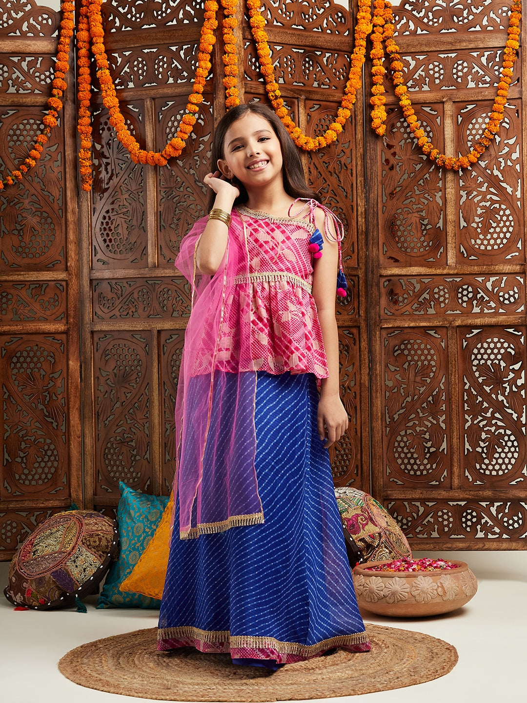Pspeaches Girls Printed One Shoulder Ready to Wear Lehenga & Blouse With Dupatta (L-MAGENTAFOIL)
