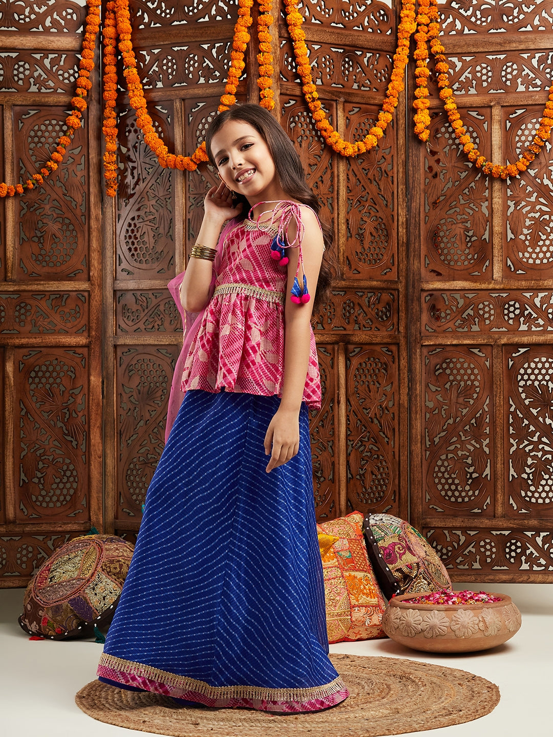 Pspeaches Girls Printed One Shoulder Ready to Wear Lehenga & Blouse With Dupatta (L-MAGENTAFOIL)