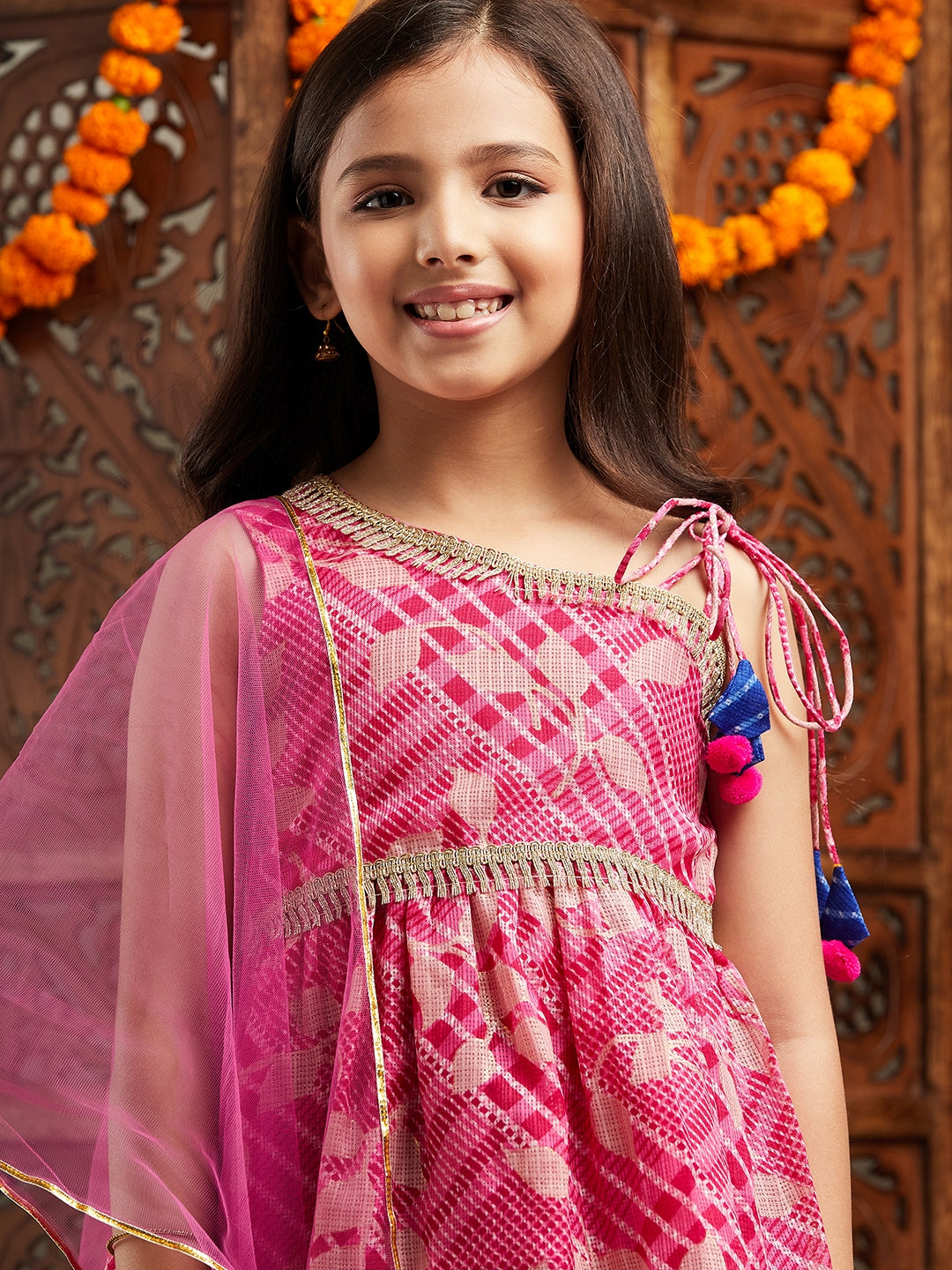Pspeaches Girls Printed One Shoulder Ready to Wear Lehenga & Blouse With Dupatta (L-MAGENTAFOIL)