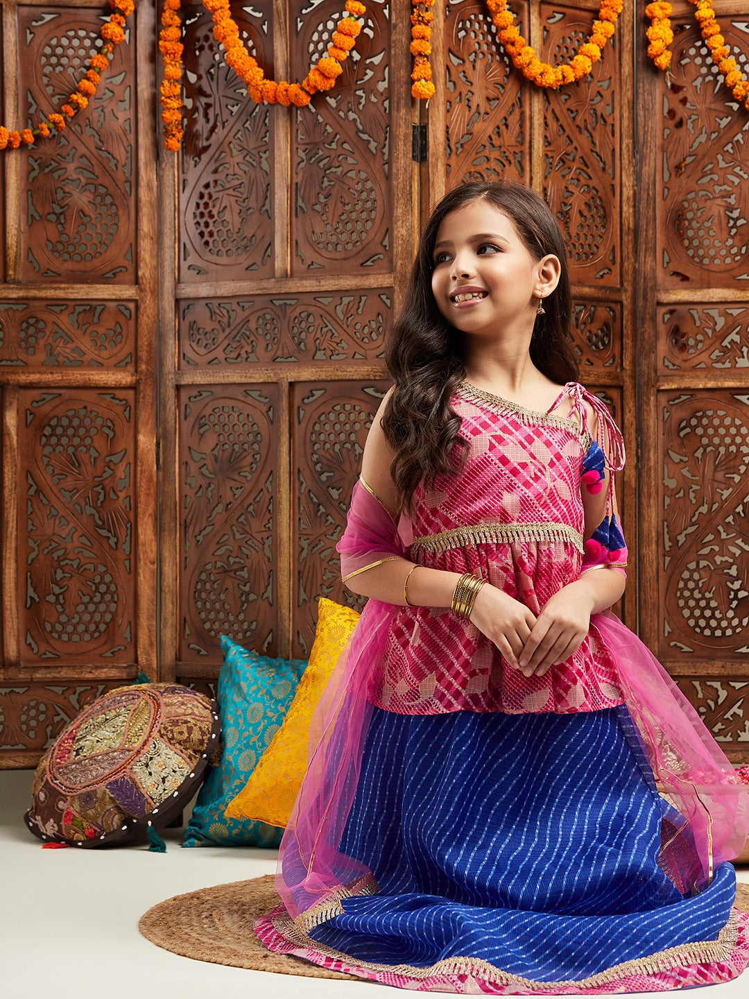 Pspeaches Girls Printed One Shoulder Ready to Wear Lehenga & Blouse With Dupatta (L-MAGENTAFOIL)