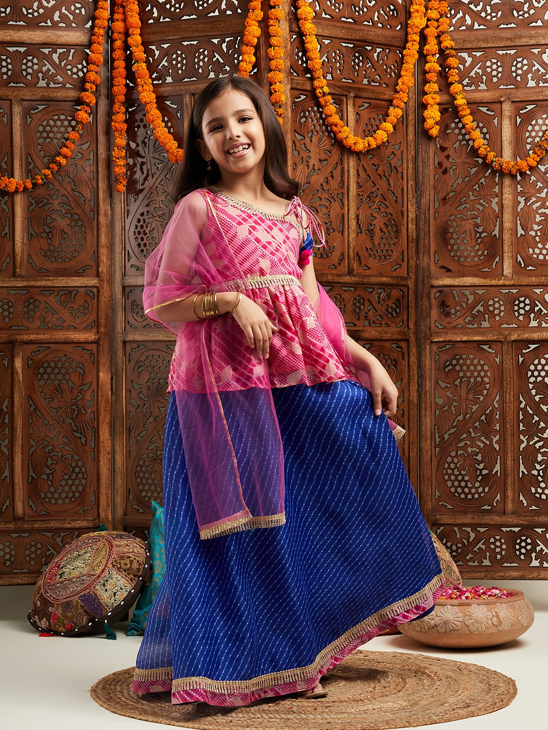 Pspeaches Girls Printed One Shoulder Ready to Wear Lehenga & Blouse With Dupatta (L-MAGENTAFOIL)