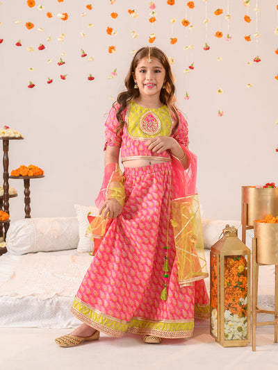 Girls Printed With Gotta Patti Ready to Wear Lehenga & Blouse With Dupatta (L-MAGENTAGREENFOIL)