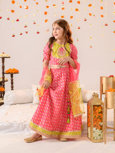 Girls Printed With Gotta Patti Ready to Wear Lehenga & Blouse With Dupatta (L-MAGENTAGREENFOIL)