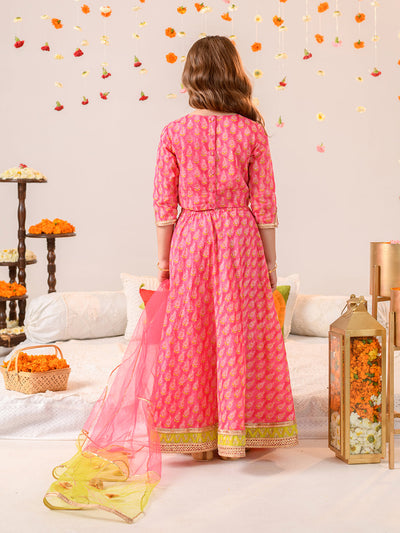Girls Printed With Gotta Patti Ready to Wear Lehenga & Blouse With Dupatta (L-MAGENTAGREENFOIL)