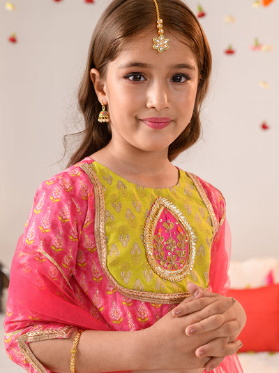 Girls Printed With Gotta Patti Ready to Wear Lehenga & Blouse With Dupatta (L-MAGENTAGREENFOIL)