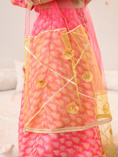 Girls Printed With Gotta Patti Ready to Wear Lehenga & Blouse With Dupatta (L-MAGENTAGREENFOIL)