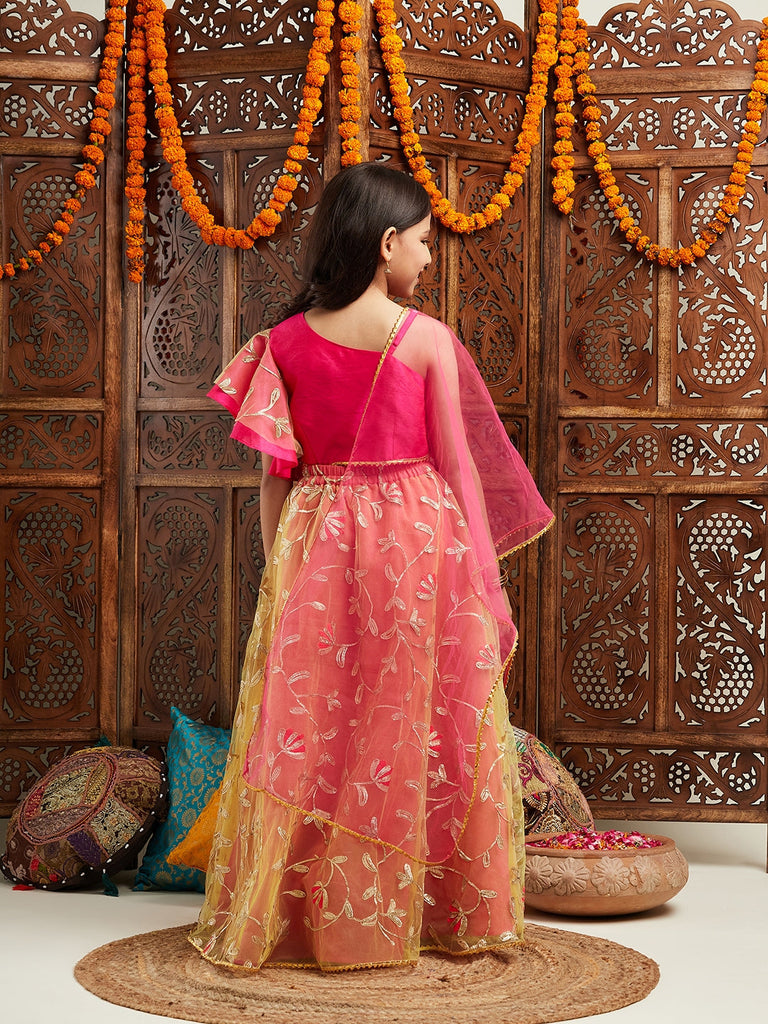 Pspeaches Girls Gotta Patti Ready to Wear Lehenga With Blouse & Dupatta (L-MAGENTAGREENGOTA)