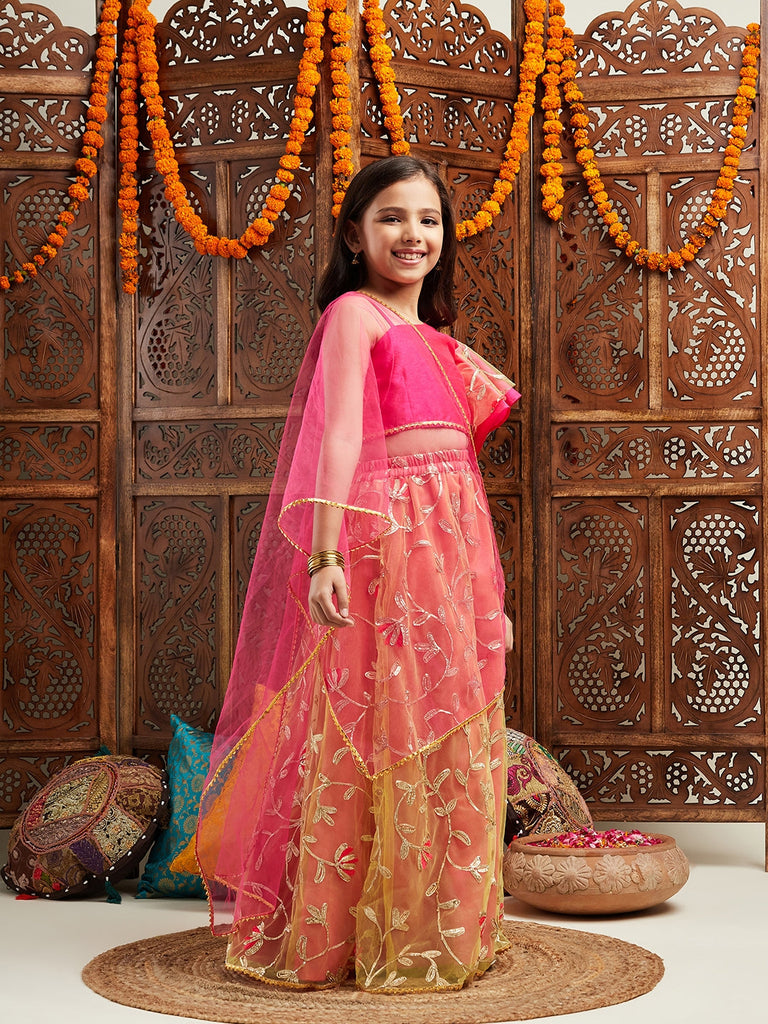 Pspeaches Girls Gotta Patti Ready to Wear Lehenga With Blouse & Dupatta (L-MAGENTAGREENGOTA)