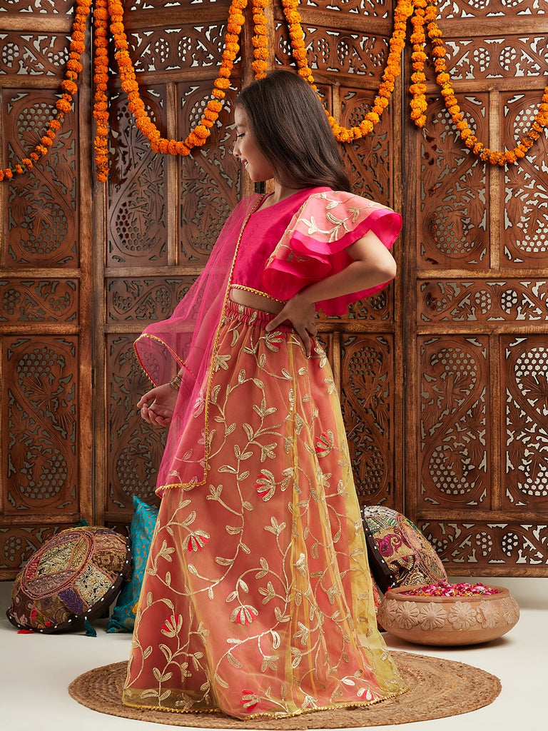 Pspeaches Girls Gotta Patti Ready to Wear Lehenga With Blouse & Dupatta (L-MAGENTAGREENGOTA)