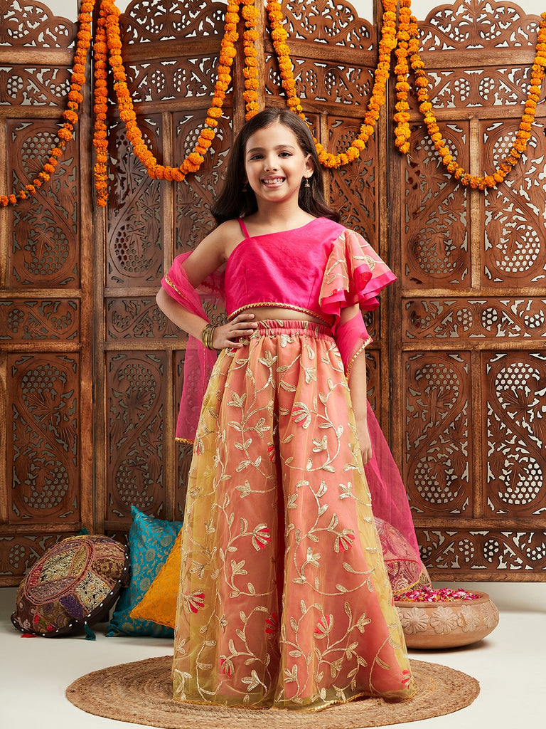 Pspeaches Girls Gotta Patti Ready to Wear Lehenga With Blouse & Dupatta (L-MAGENTAGREENGOTA)