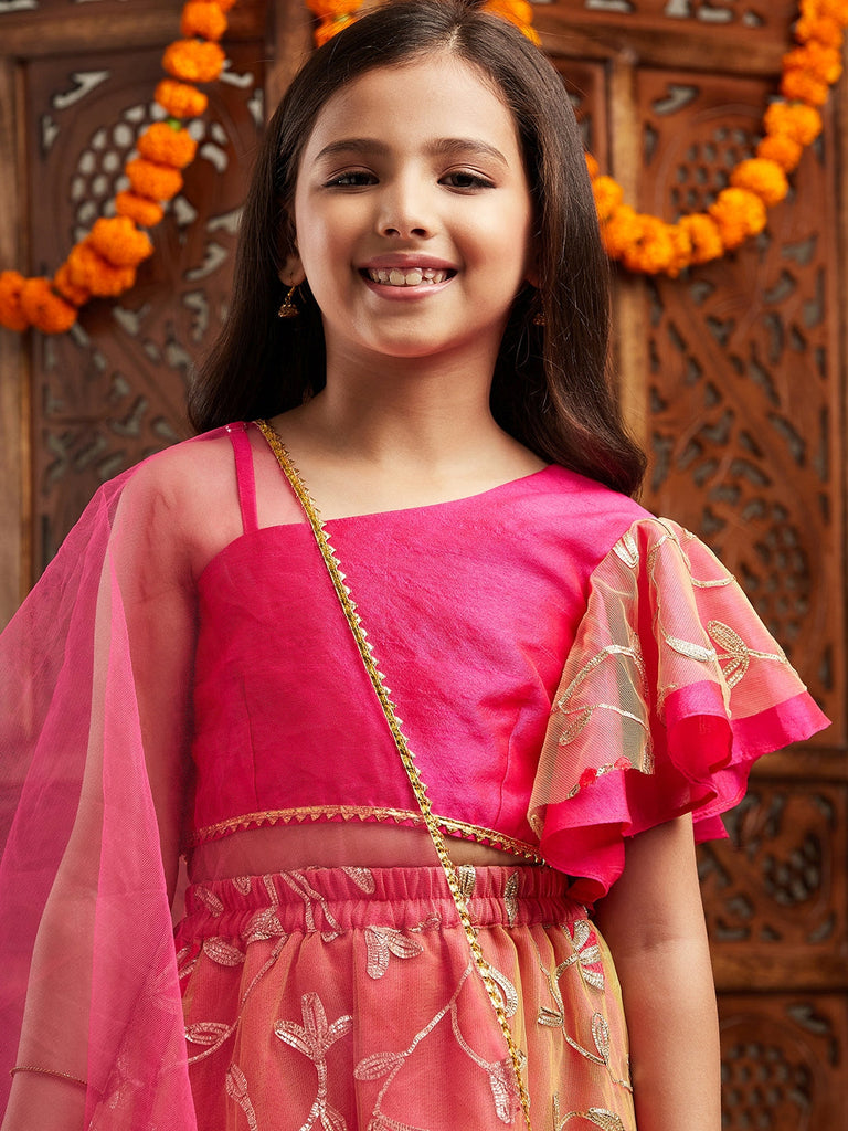 Pspeaches Girls Gotta Patti Ready to Wear Lehenga With Blouse & Dupatta (L-MAGENTAGREENGOTA)