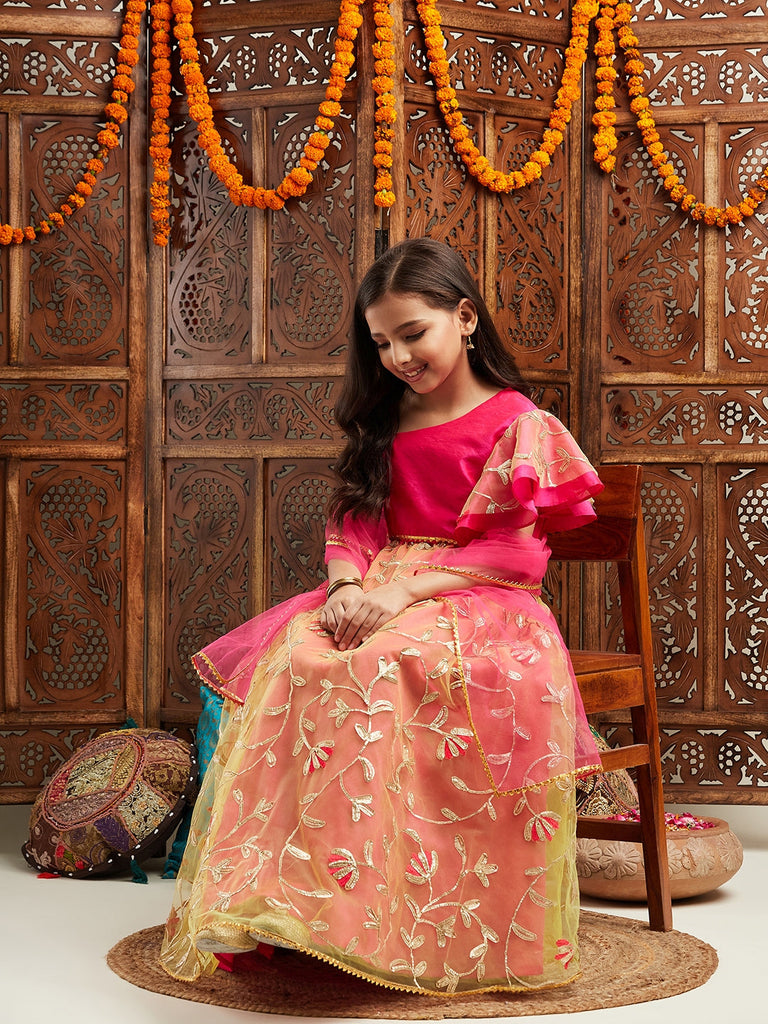 Pspeaches Girls Gotta Patti Ready to Wear Lehenga With Blouse & Dupatta (L-MAGENTAGREENGOTA)
