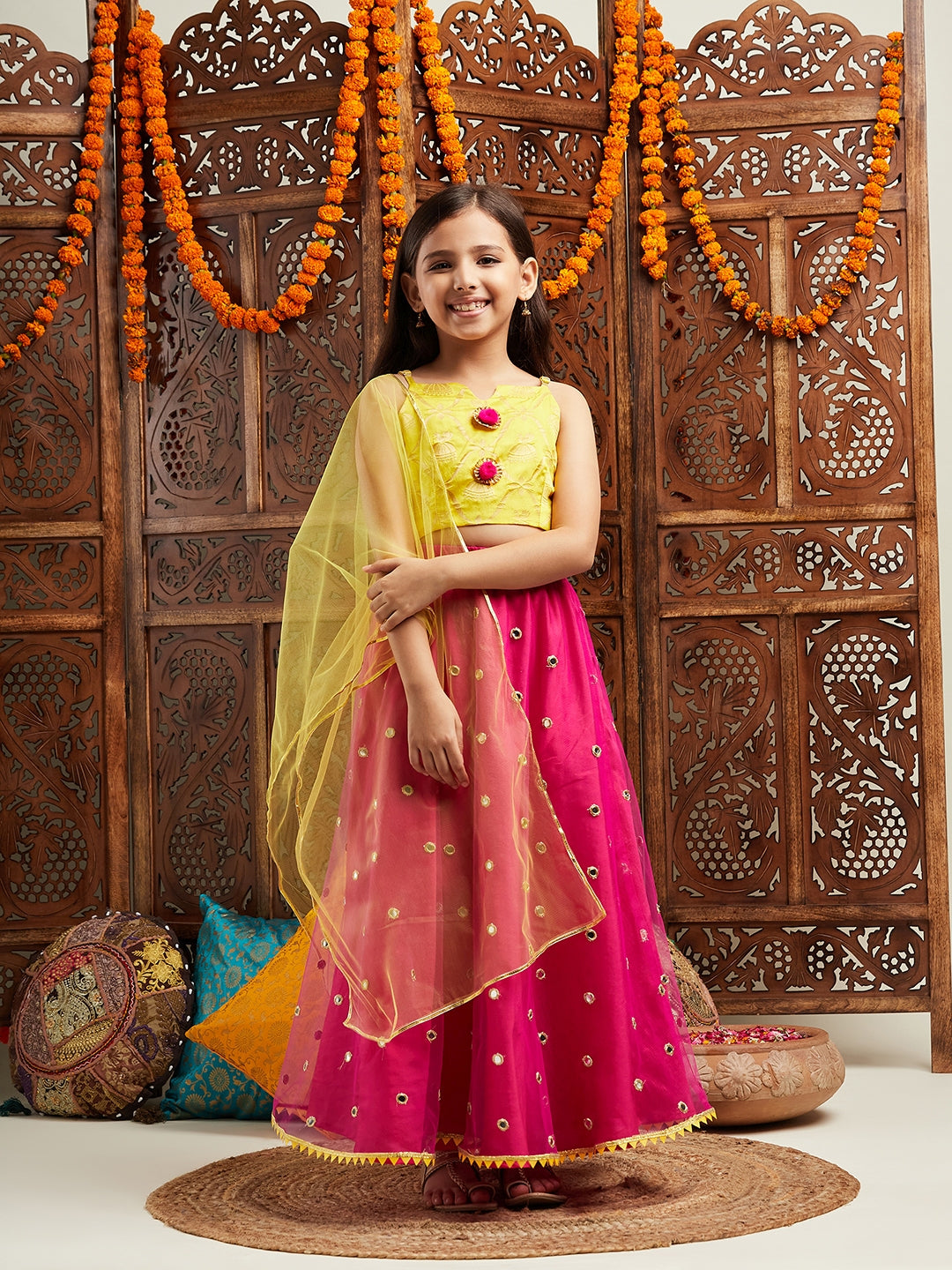 Pspeaches Girls Woven Design Ready to Wear Lehenga With Blouse & Dupatta (L-MAGENTAMIRROR)