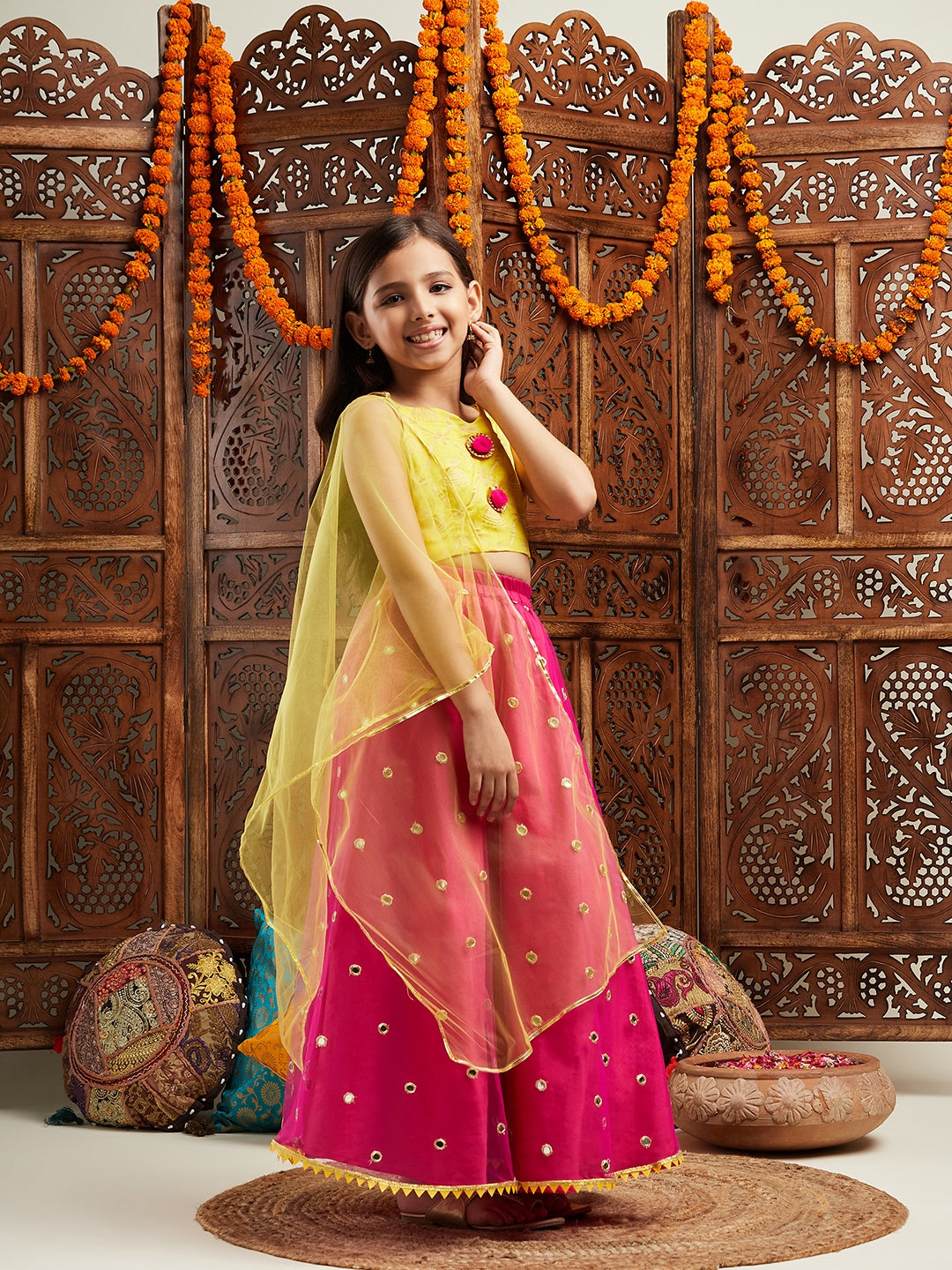 Pspeaches Girls Woven Design Ready to Wear Lehenga With Blouse & Dupatta (L-MAGENTAMIRROR)