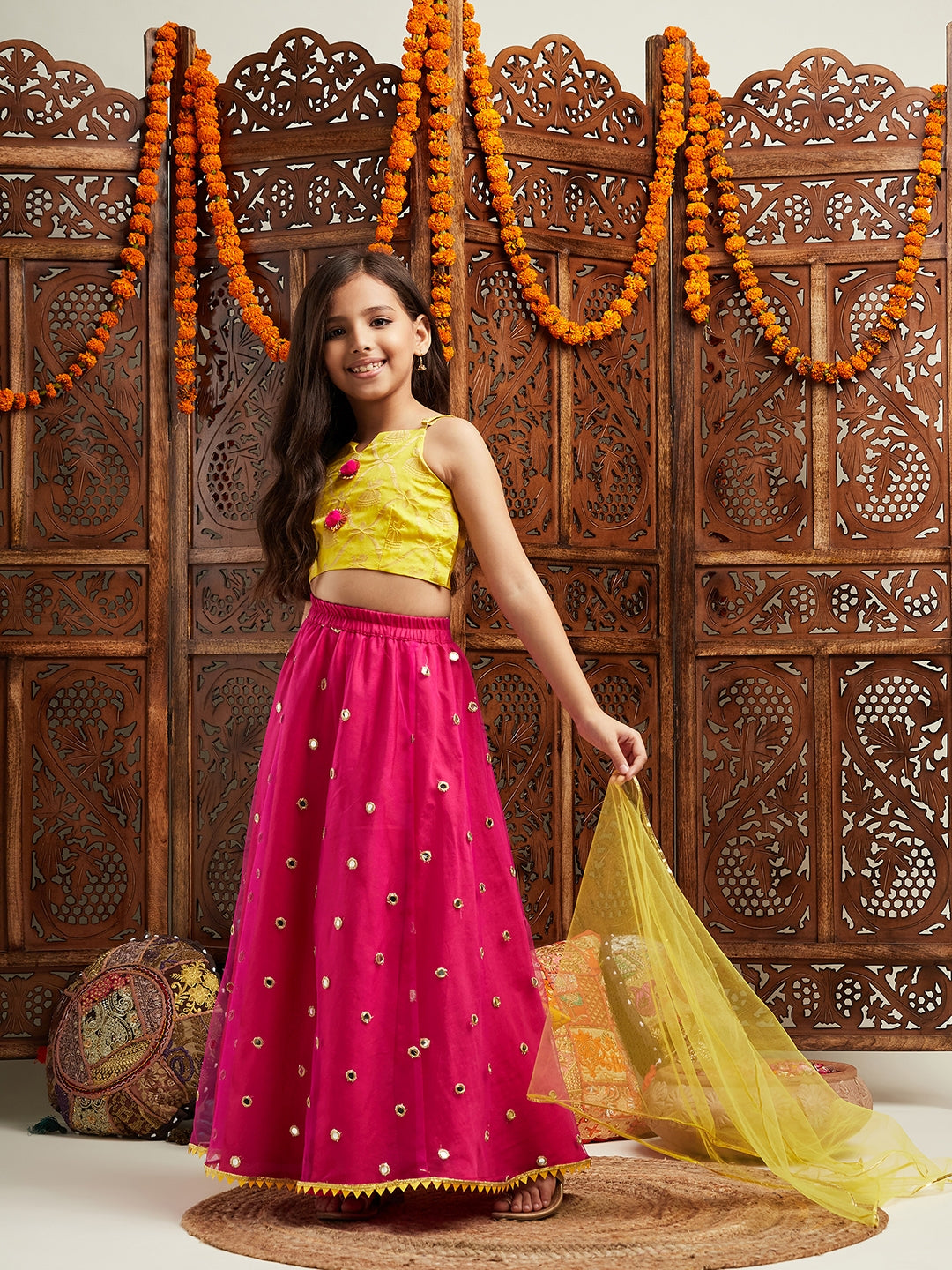 Pspeaches Girls Woven Design Ready to Wear Lehenga With Blouse & Dupatta (L-MAGENTAMIRROR)