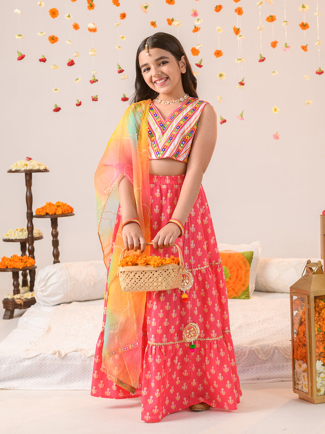 Girls Embellished Mirror Work Ready to Wear Lehenga Choli With Dupatta (L-MAGENTAOFFWHITE)