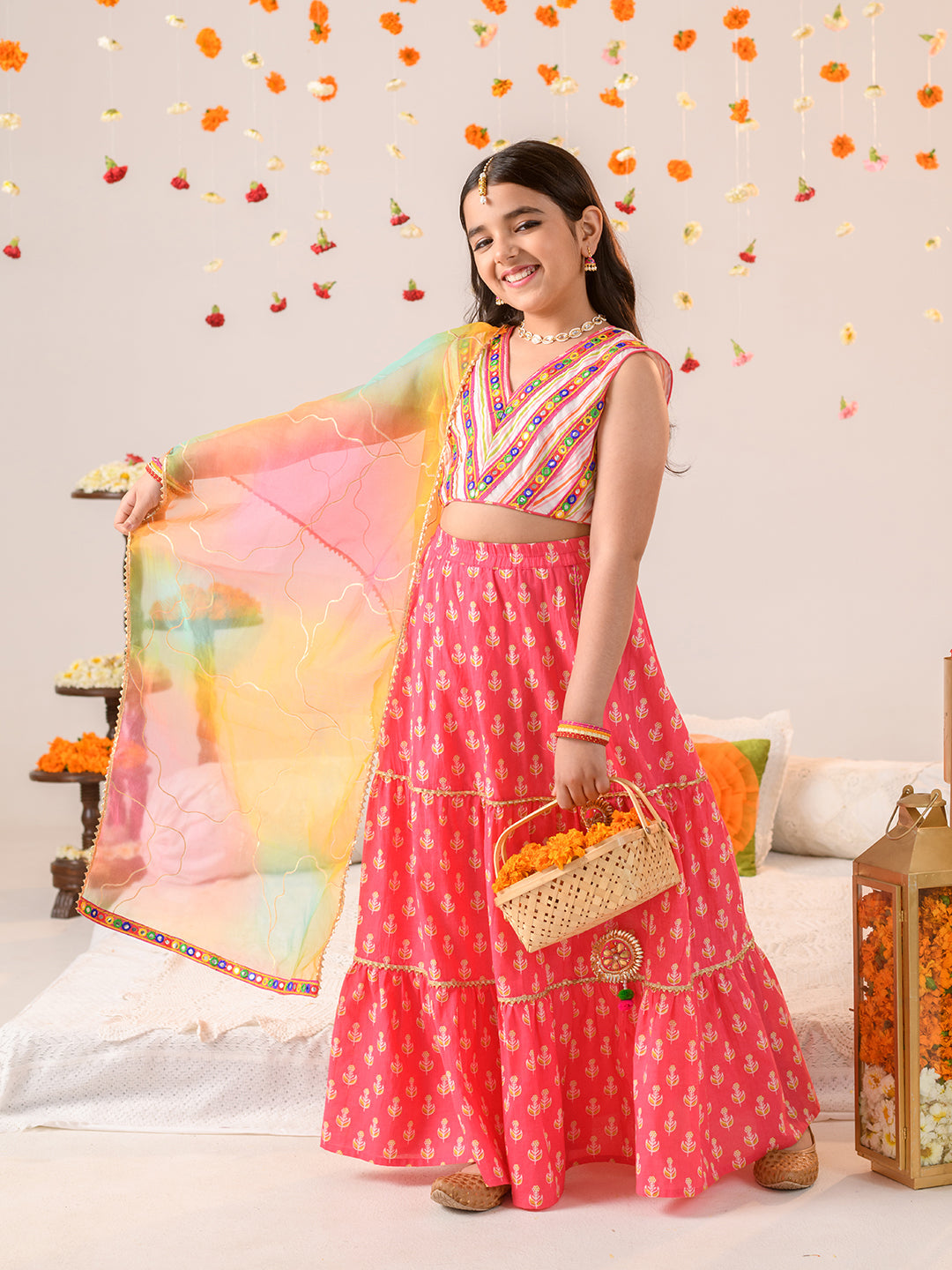 Girls Embellished Mirror Work Ready to Wear Lehenga Choli With Dupatta (L-MAGENTAOFFWHITE)