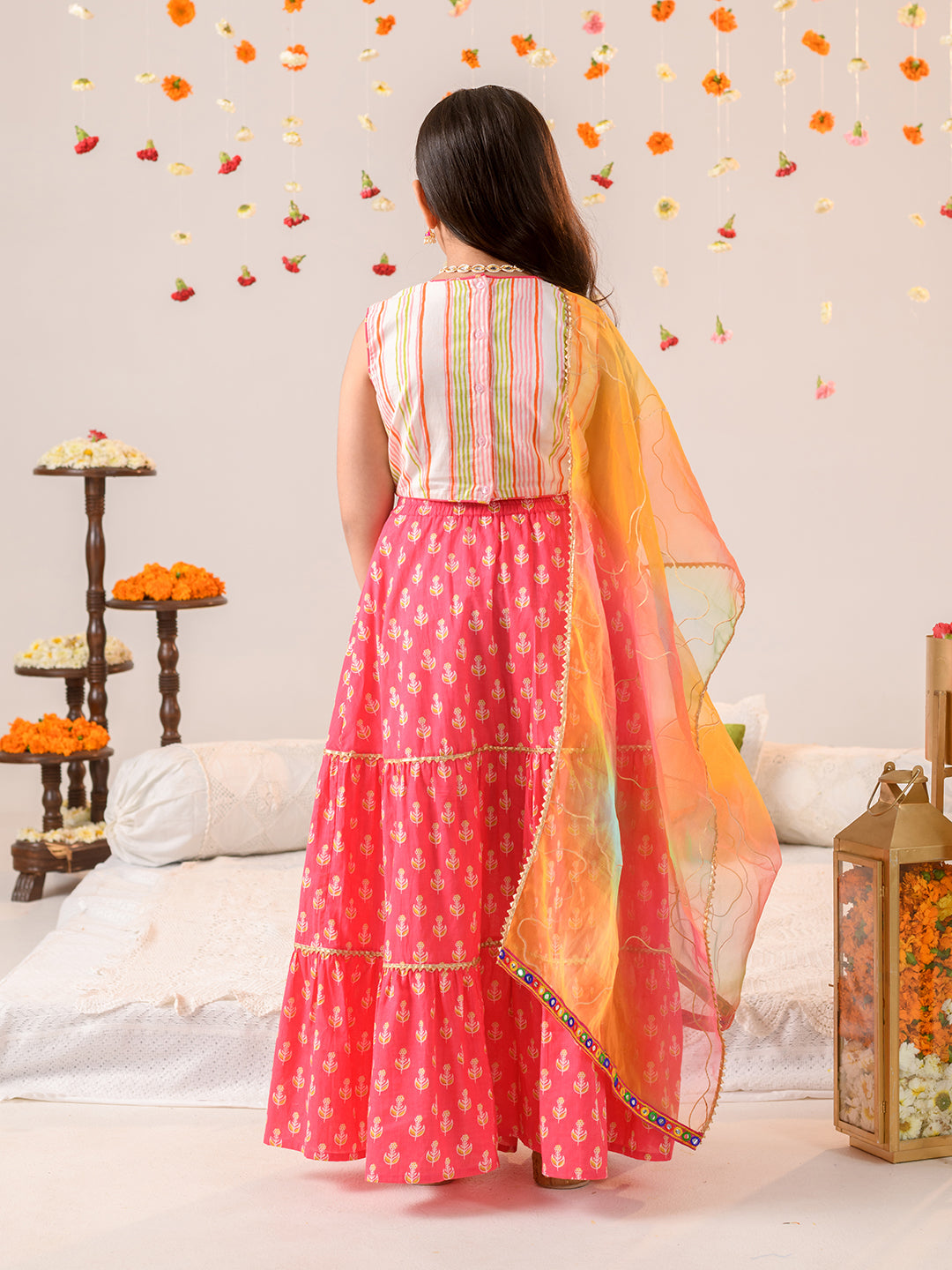 Girls Embellished Mirror Work Ready to Wear Lehenga Choli With Dupatta (L-MAGENTAOFFWHITE)