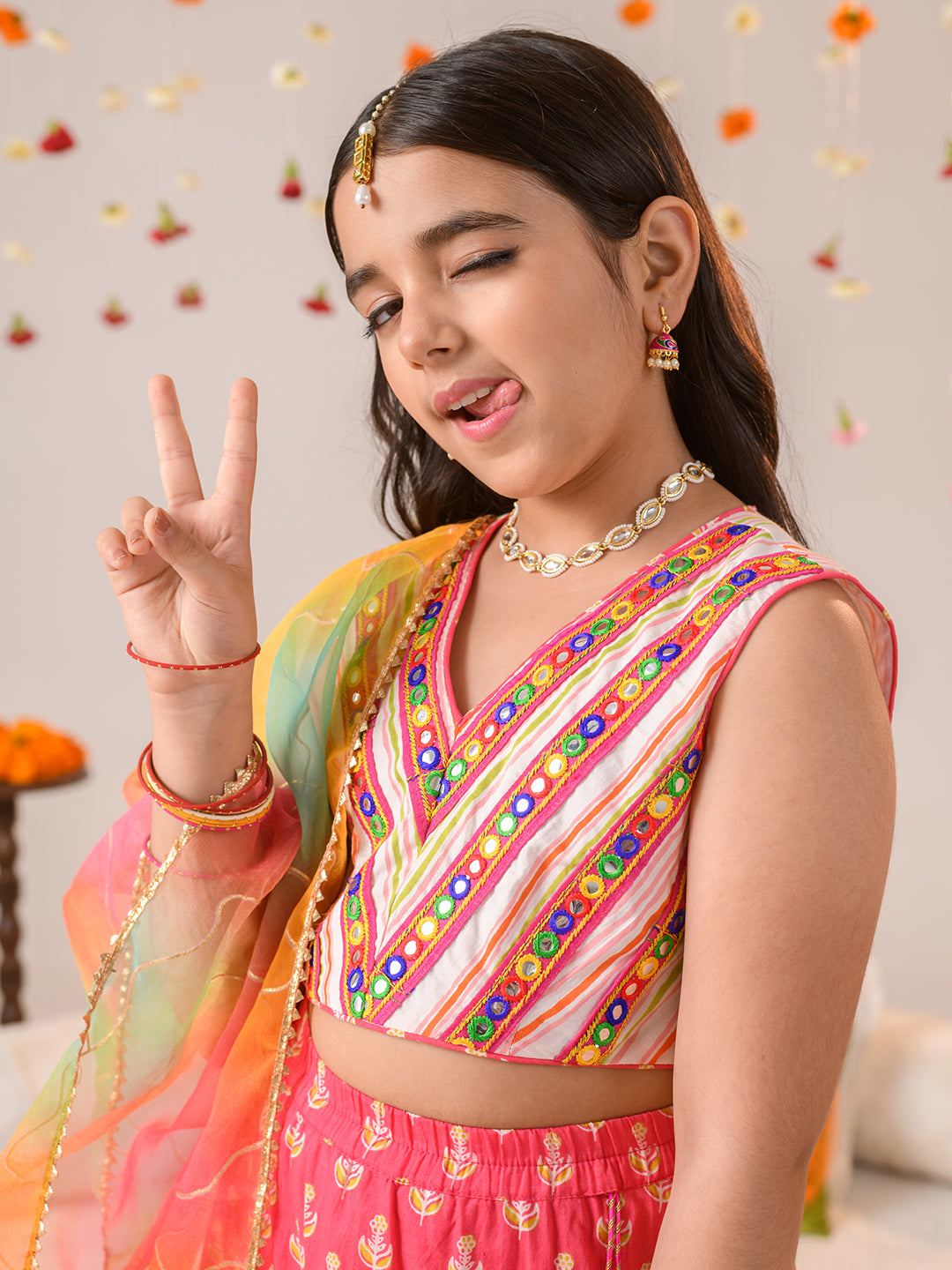 Girls Embellished Mirror Work Ready to Wear Lehenga Choli With Dupatta (L-MAGENTAOFFWHITE)