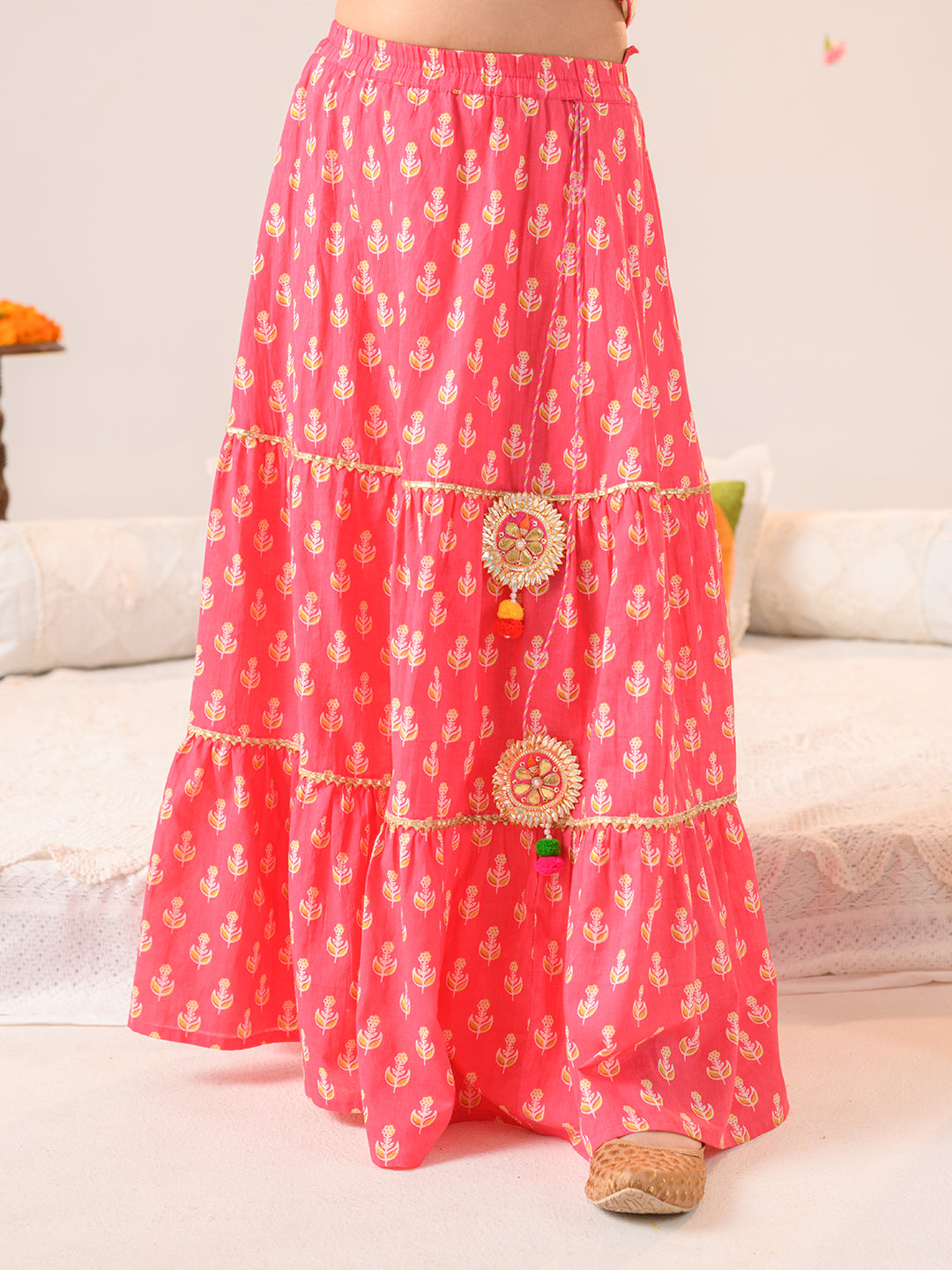 Girls Embellished Mirror Work Ready to Wear Lehenga Choli With Dupatta (L-MAGENTAOFFWHITE)