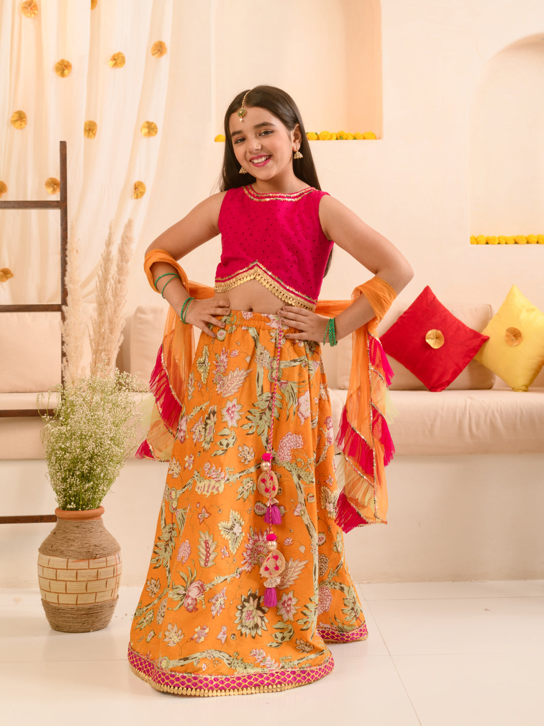 Girls Printed Ready To Wear Lehenga Choli With Dupatta (L-MAGENTASCHIFFLY)