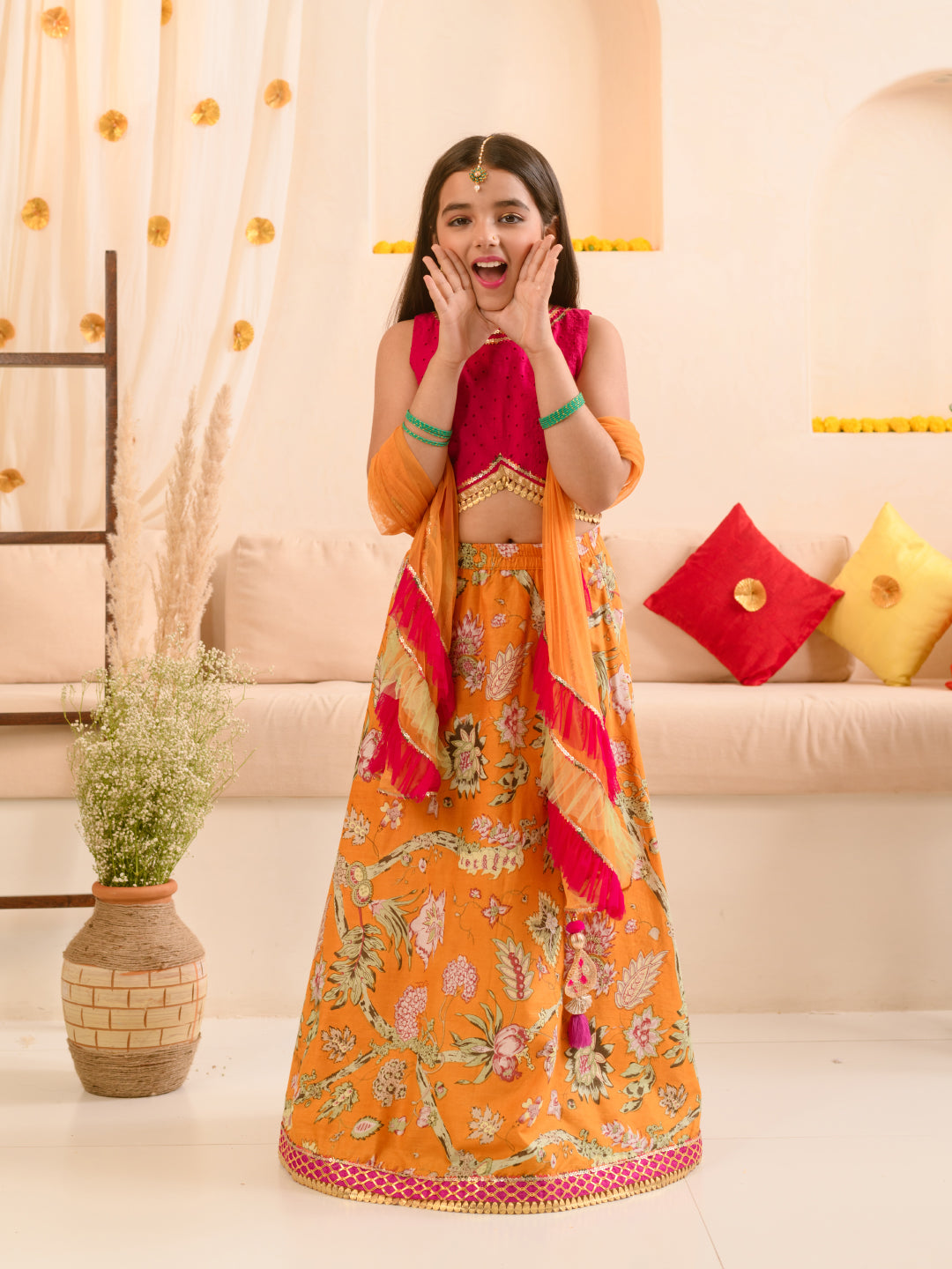 Girls Printed Ready To Wear Lehenga Choli With Dupatta (L-MAGENTASCHIFFLY)