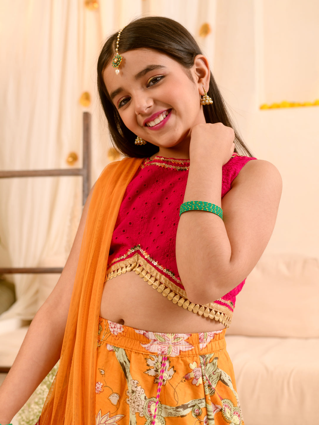 Girls Printed Ready To Wear Lehenga Choli With Dupatta (L-MAGENTASCHIFFLY)