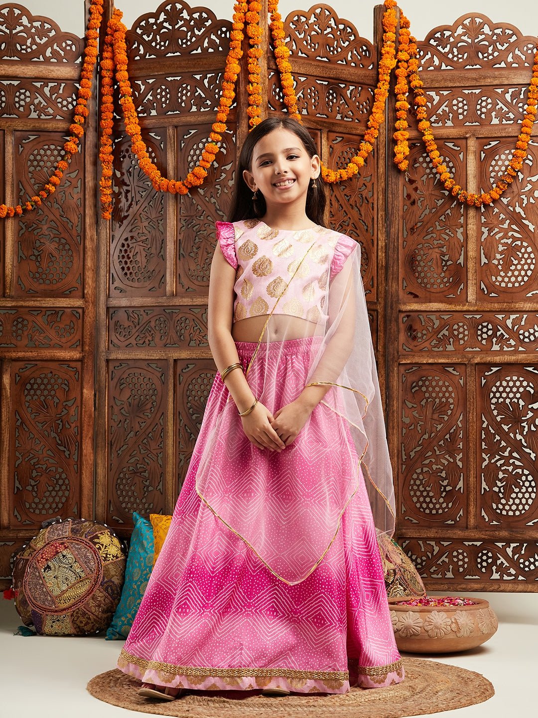 Pspeaches Girls Woven Design Flutter Sleeves Ready to Wear Lehenga & Blouse With Dupatta (L-MAGENTASHADED)