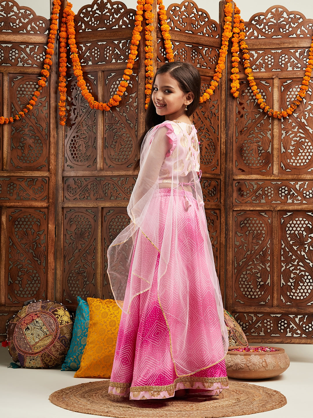 Pspeaches Girls Woven Design Flutter Sleeves Ready to Wear Lehenga & Blouse With Dupatta (L-MAGENTASHADED)
