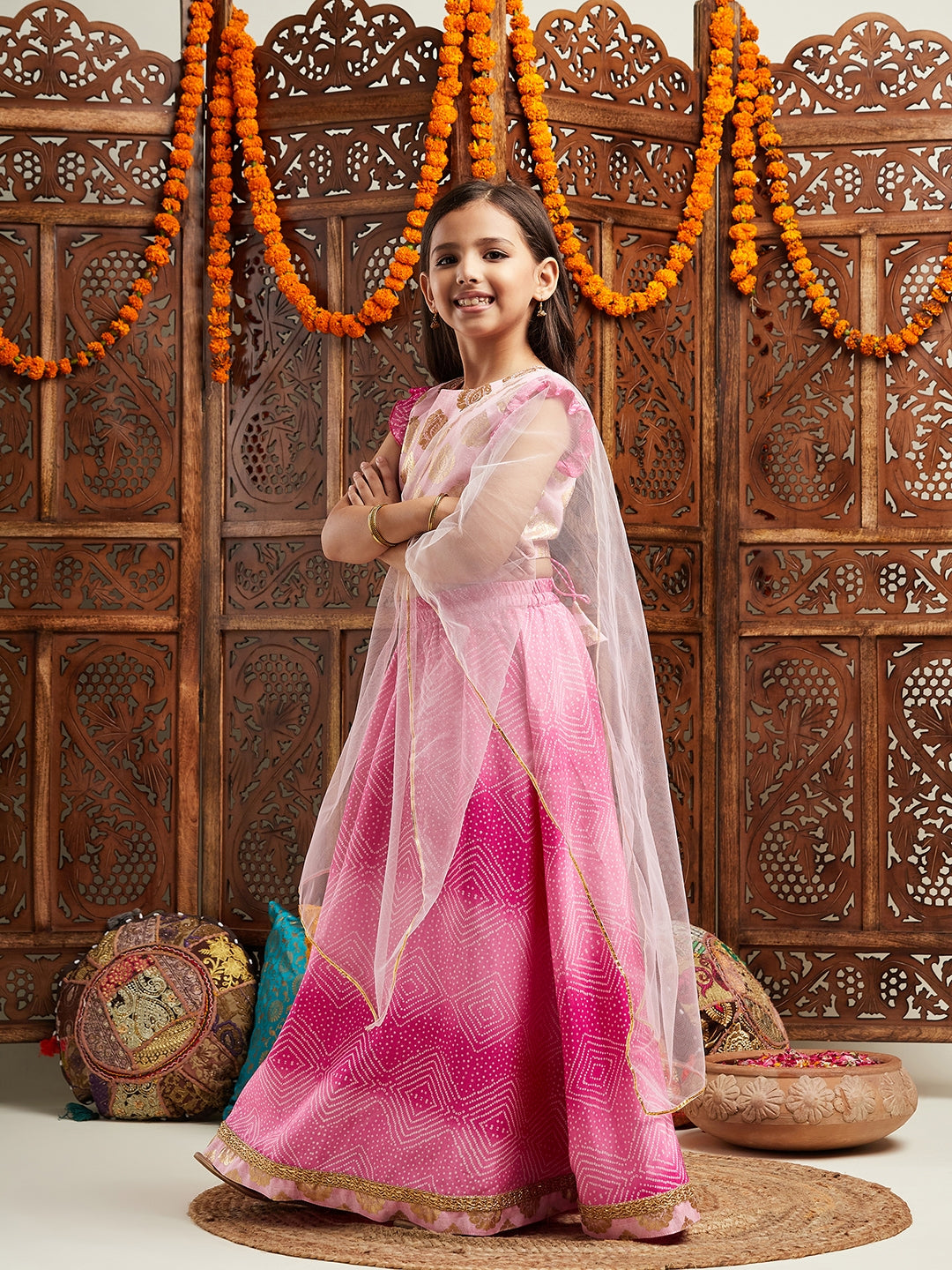 Pspeaches Girls Woven Design Flutter Sleeves Ready to Wear Lehenga & Blouse With Dupatta (L-MAGENTASHADED)