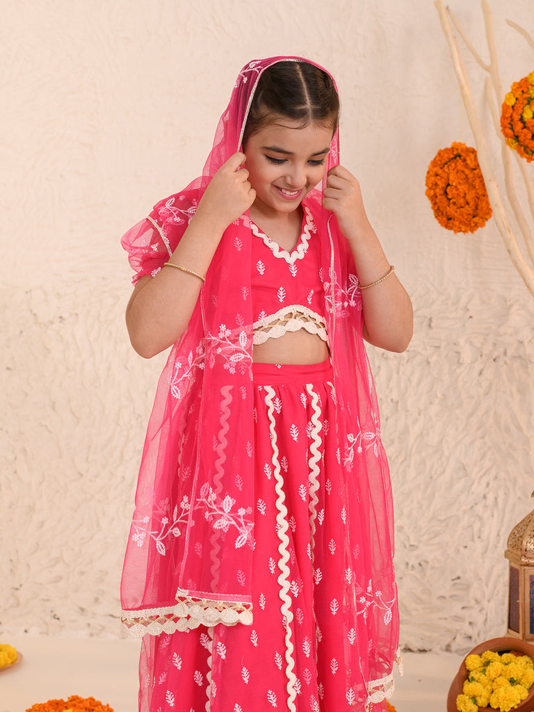 Girls Embroidered Thread Work Ready to Wear Lehenga & Blouse With Dupatta (L-MAGENTAWTBOOTI)
