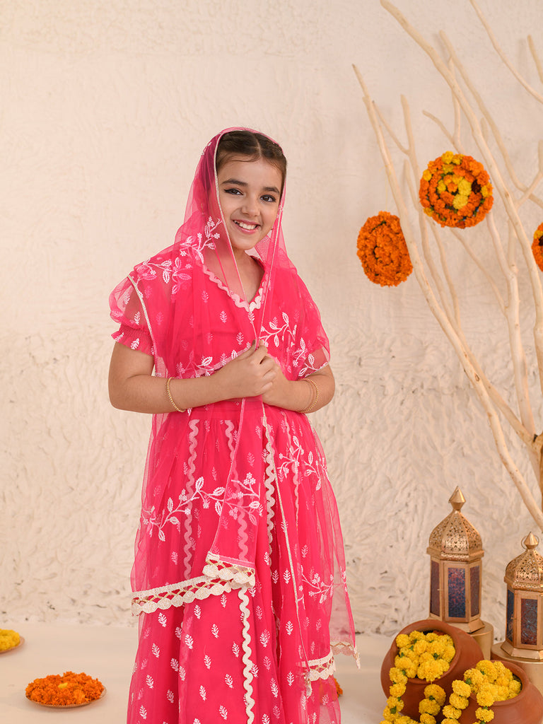 Girls Embroidered Thread Work Ready to Wear Lehenga & Blouse With Dupatta (L-MAGENTAWTBOOTI)