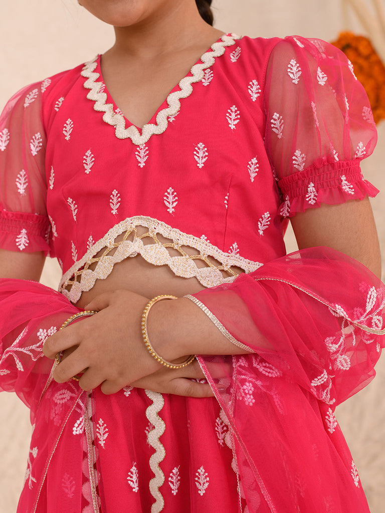 Girls Embroidered Thread Work Ready to Wear Lehenga & Blouse With Dupatta (L-MAGENTAWTBOOTI)
