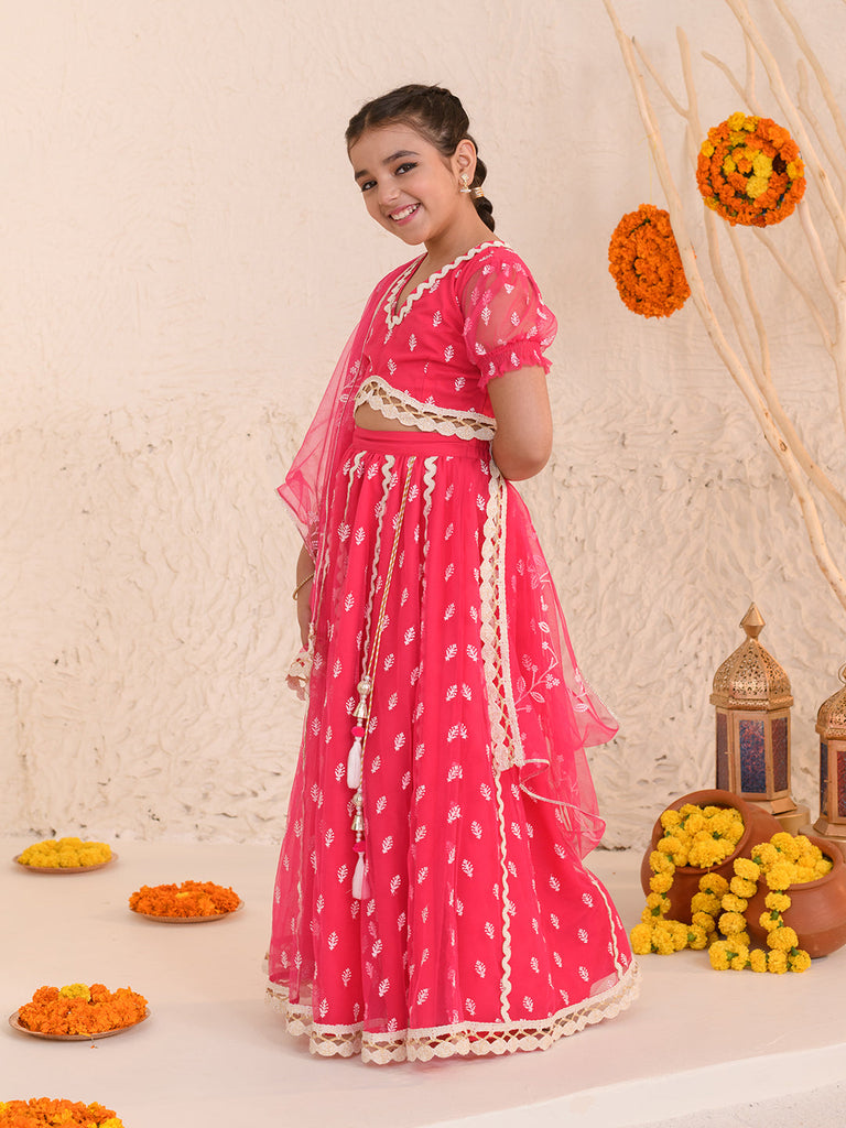 Girls Embroidered Thread Work Ready to Wear Lehenga & Blouse With Dupatta (L-MAGENTAWTBOOTI)