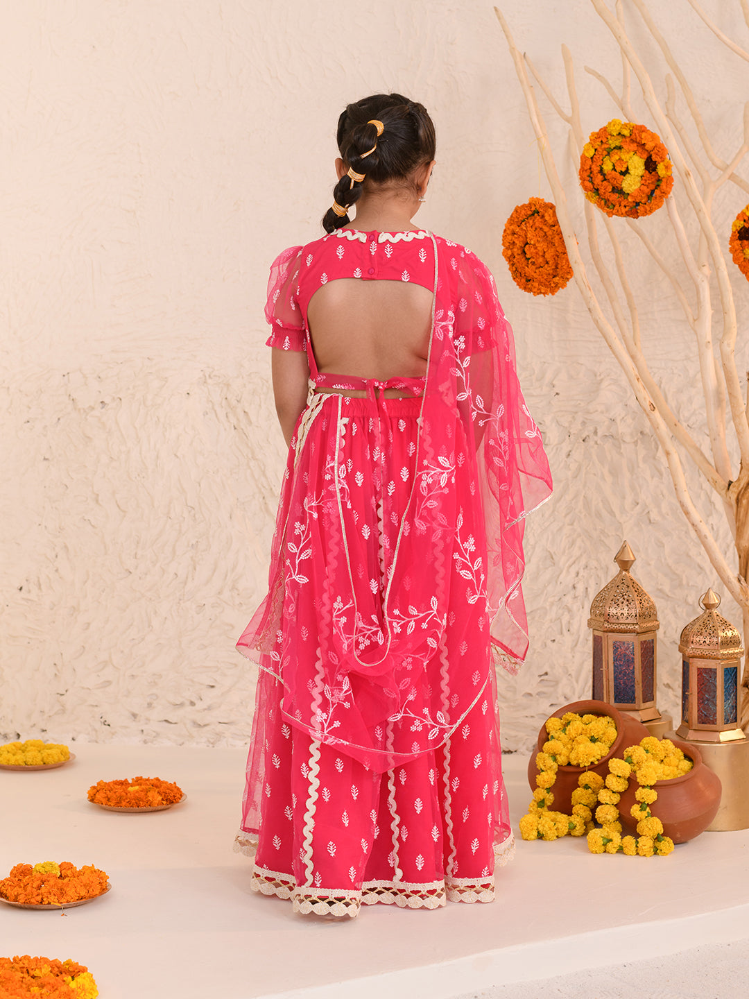 Girls Embroidered Thread Work Ready to Wear Lehenga & Blouse With Dupatta (L-MAGENTAWTBOOTI)